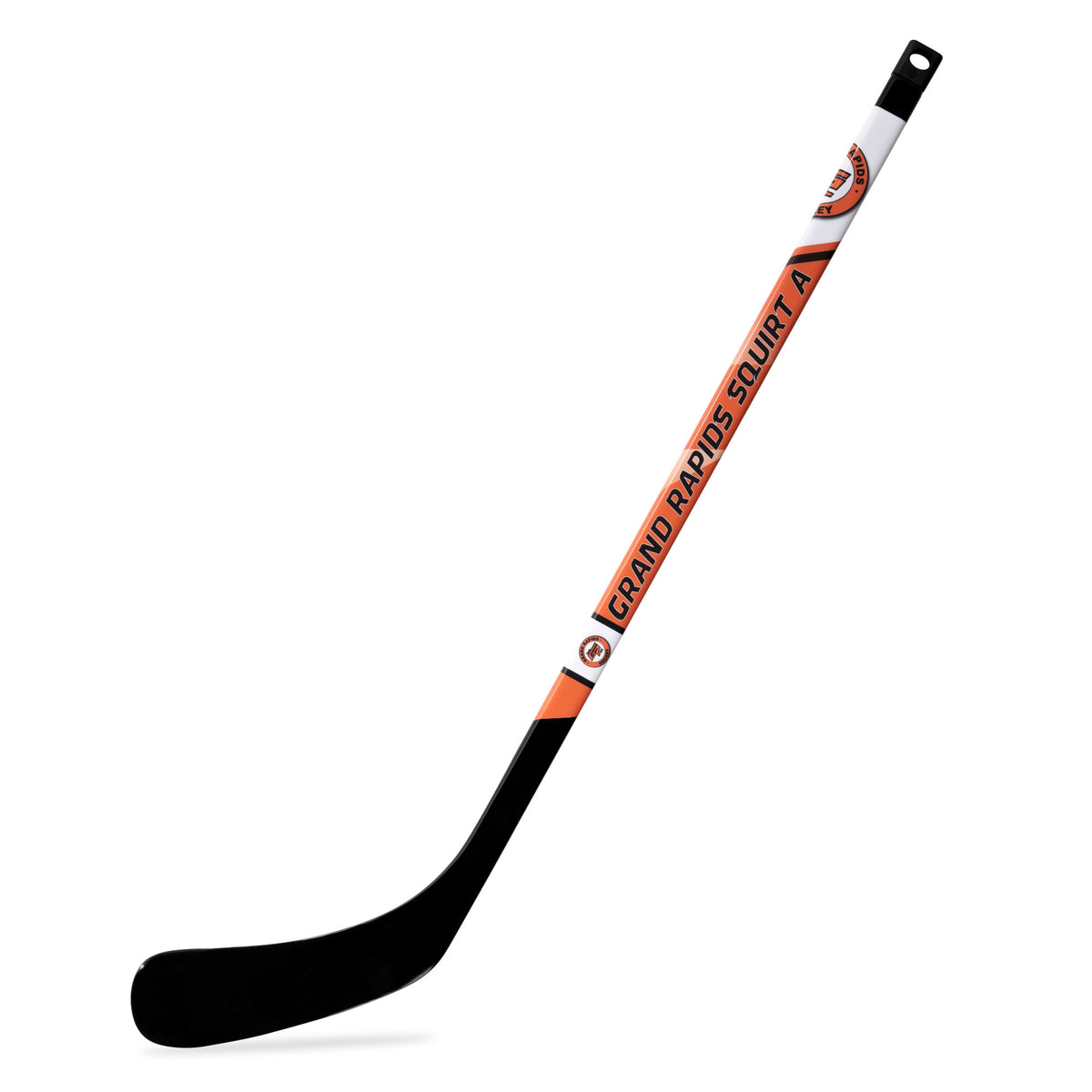 Custom mini hockey stick showing personalized team artwork